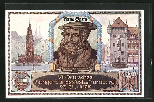 Ganzsache Nürnberg, VIII. Deutsches Sängerbundesfest 1912, Portrait Hans Sachs, Ansichten mit Gebäude und Brunnen