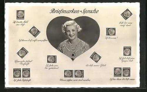 AK Briefmarkensprache, Portrait Blonde Dame von Herz eingerahmt