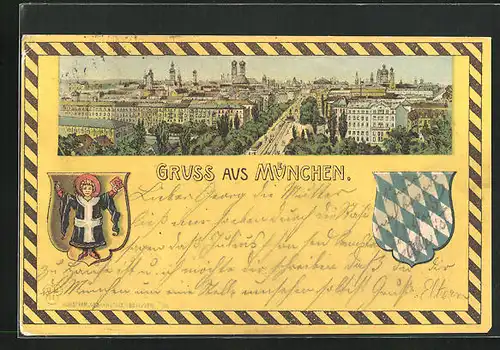 Lithographie München, Ortsansicht aus der Vogelschau, Maximilianstrasse, Wappen, Münchener Kindl
