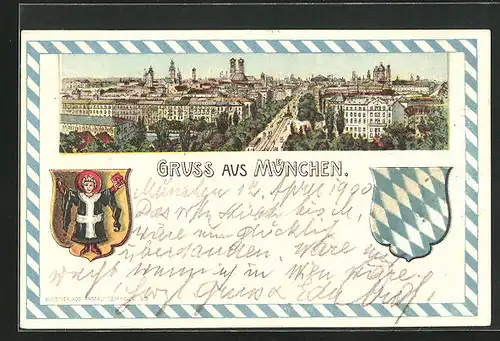 Lithographie München, Ortsansicht aus der Vogelschau, Maximilanstrasse, Wappen, Münchener Kindl