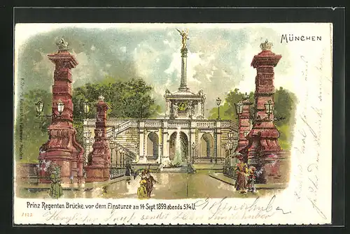 Lithographie München, Prinz Regenten Brücke vor dem Einsturz am 14. Sept. 1899