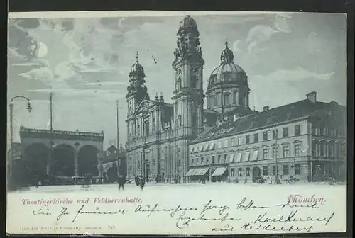 Mondschein-AK München, Theatinerkirche und Feldherrnhalle