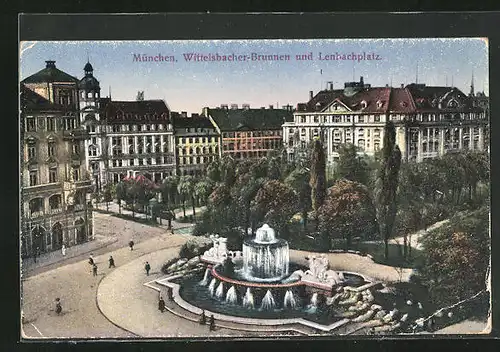 AK München, Wittelsbacher-Brunnen und Lenbachplatz