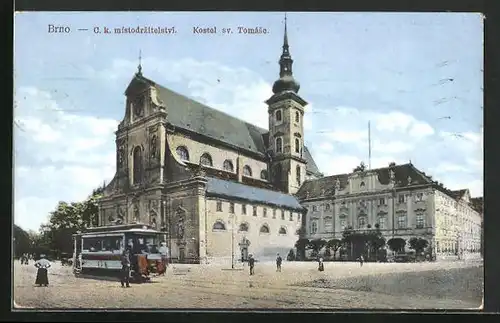 AK Brünn / Brno, Kostel sv. Tomáse, Strassenbahn