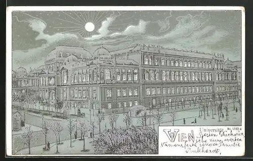 Lithographie Wien, Universität mit silbernen Fenstern