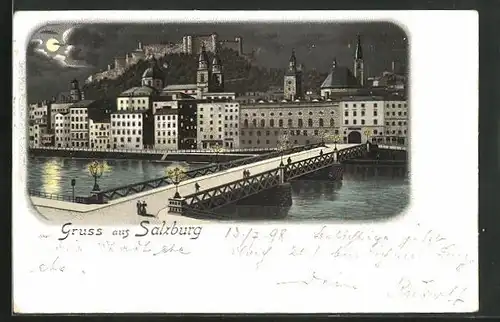 Lithographie Salzburg, Ortsansicht mit Brücke im Mondschein