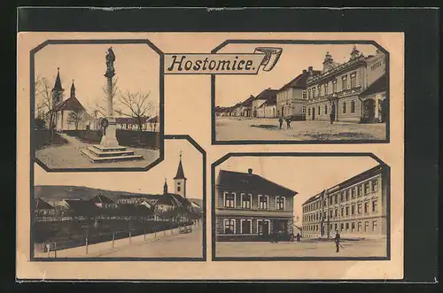 AK Hostomice, Blick zur Kirche, Strassenpartie, Denkmal