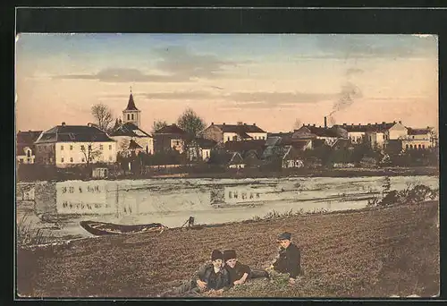 AK Tyniste n. Orl., Panorama mit Ufer und Kindern