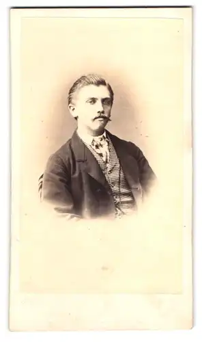 Fotografie Th. Dannenberg, Bad Oeynhausen, Portrait junger Mann mit Schnurrbart und Krawatte im Jackett