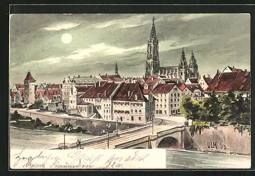 Mondschein-AK Ulm / Donau, Teilansicht mit Flussbrücke