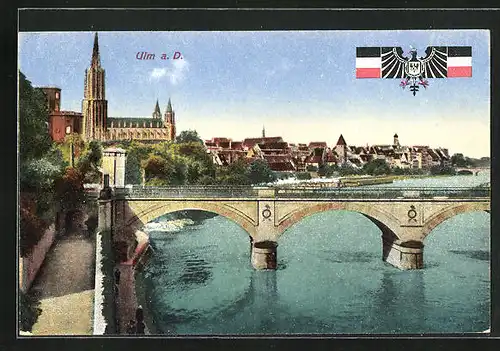 AK Ulm / Donau, Teilansicht mit Flussbrücke