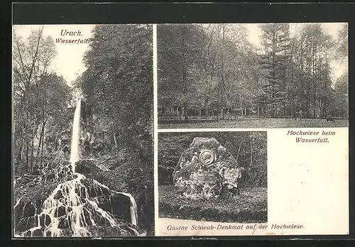 AK Urach, Wasserfall, Gustav Schwab-Denkmal, Hochwiese