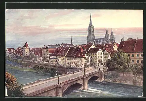 AK Ulm / Donau, Teilansicht mit Donaubrücke