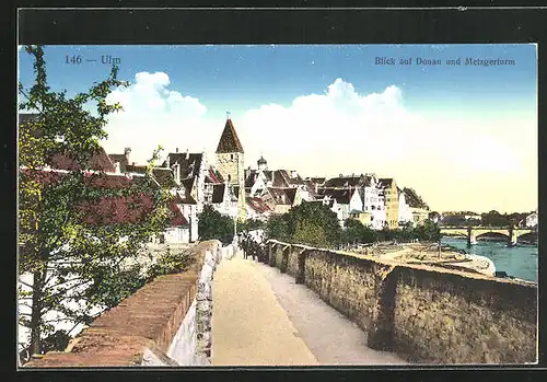 AK Ulm / Donau, Teilansicht mit Metzgerturm und Donauufer