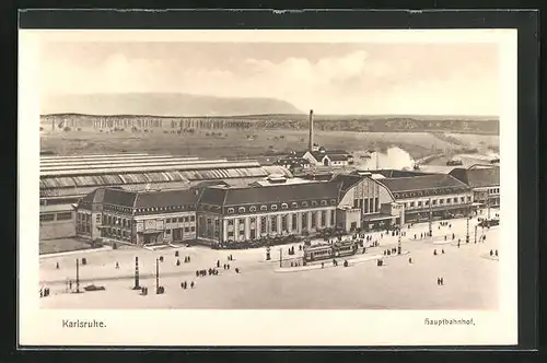 AK Karlsruhe, Blick auf den Hauptbahnhof, Strassenbahn