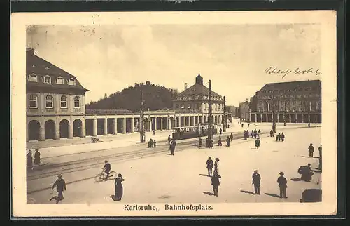 AK Karlsruhe, Strassenbahnverkehr am Bahnhofsplatz