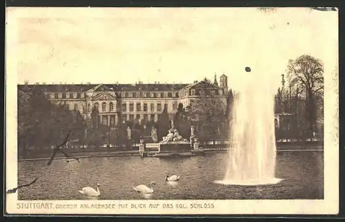AK Stuttgart, oberer Anlagensee mit Kgl. Schloss