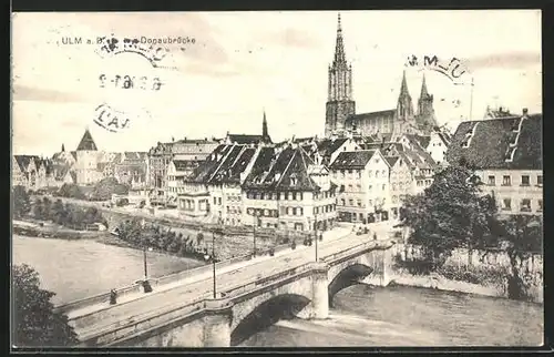 AK Ulm / Donau, Teilansicht mit Donaubrücke