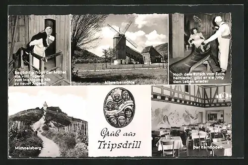 AK Tripsdrill, Altweibermühle, Michaelsberg mit Turm, Rutsch vom Turm