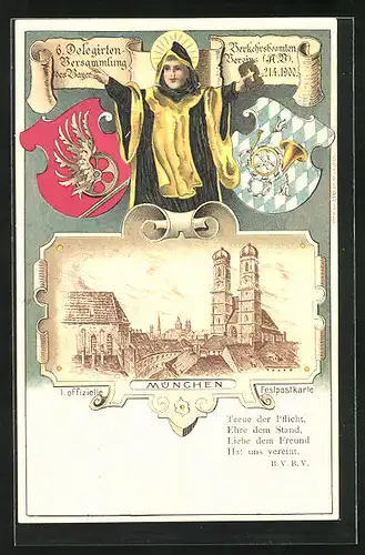 Lithographie München, Stadtansicht mit Frauenkirche, 6. Delegirtenversammlung 1900, Münchner Kindl, Wappen Pp 21 C1 /02