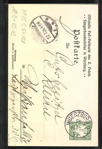 Lithographie Würzburg, X. Fränkisches Sängerbundesfest 1904, Fräulein überreicht einen Kelch, PP 15 C67 /01
