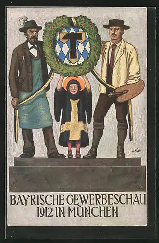 Künstler-AK München, Bayrische Gewerbeschau 1912, Schmied und Maler mit Münchner Kindl, PP 27 C41 /014