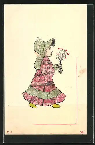 AK Briefmarkencollage, niedliches Mädchen mit Blumenstrauss im Kleidchen