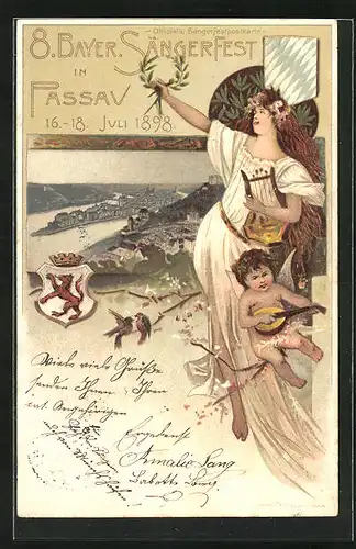 Lithographie Passau, 8. Bayer. Sängerfest 1898, Göttin mit Engel am Stadtrand, Stadtwappen
