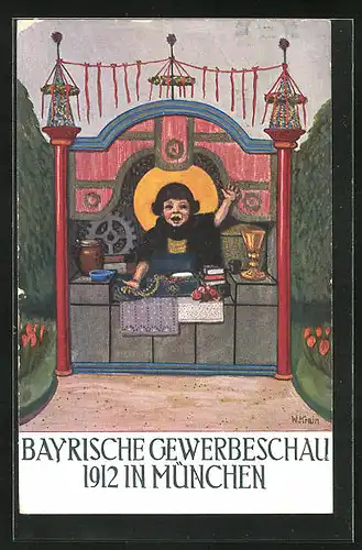 Künstler-AK München, Bayrische Gewerbeschau 1912, Münchner Kindl winkt aus einer kleinen Bude heraus