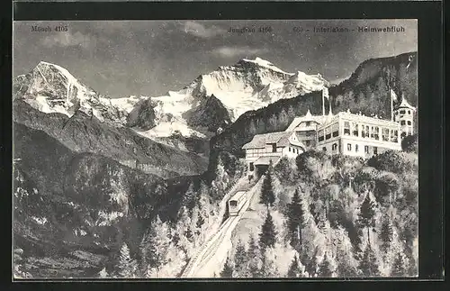 AK Interlaken, Bergbahn an der Heimwehfluh, Blick auf Jungfrau und Mönch