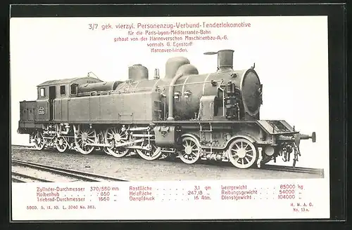 AK 3 /7 gek. vierzyl. Personen-Verbund-Tenderlokomotive der franz. Paris-Lyon-Mediterranee-Bahn