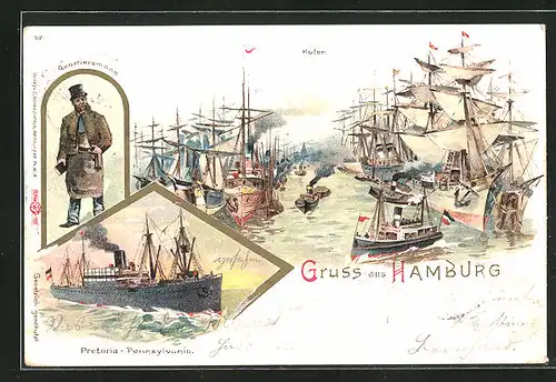 Lithographie Hamburg, Segelschiffe im Hafen, Lootsenboot und Dampfer