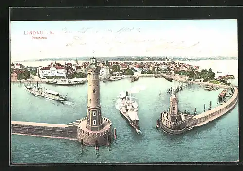 AK Lindau i.B., Panorama des Hafens, Dampfer am Leuchtturm