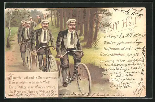 Lithographie All Heil, Herrenverein auf Fahrrädern durch den Wald fahrend