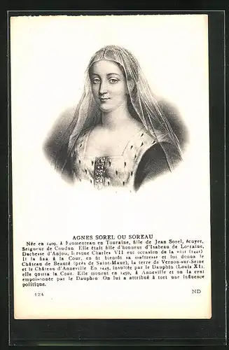AK Agnes Sorel ou Soreau im Porträt, Adel aus Frankreich