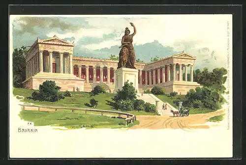 Lithographie München, Bavaria und Ruhmeshalle