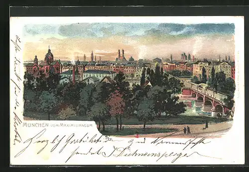 Lithographie München, Ortsansicht, Blick vom Maximilianeum