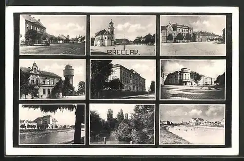 AK Breclav, Ortsansicht, Strassenpartie, Kirche, verschiedene Stadtansichten