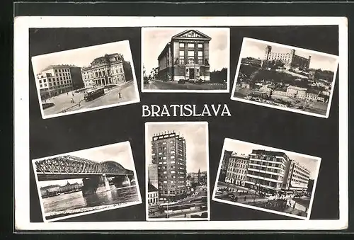 AK Bratislava, Ortspartie, Strassenpartie mit Strassenbahn, Brücke, Museum