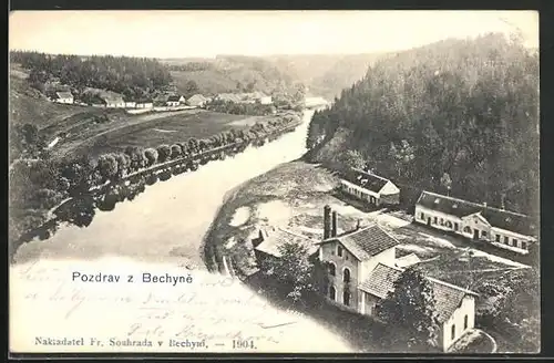 AK Bechyne, Partie am Flussufer, Blick auf den Wald