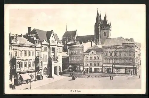 AK Kolin, Kirche vom Hauptplatz aus gesehen