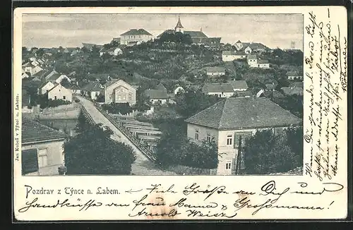 AK Tynce n. Labem, Strasse durch den Ort, Blick hinauf zum Schloss