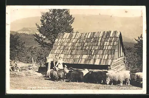 AK Salas, na Radhosti, Schafhirten an einer kleinen Hütte