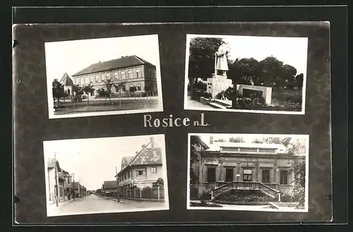 AK Rosice n. L., am Ehrenmal, an der Schule, Strasse durch den Ort