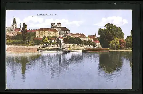 AK Leitmeritz / Litomerice, Elbpartie mit Dampfer und Stadtblick