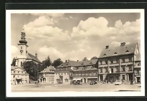 AK Krasna Lipa, auf dem Hauptplatz mit Kirchblick