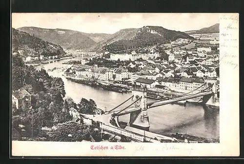 AK Tetschen-Bodenbach / Decin, Partie an der Brücke mit Gesamtansicht der Stadt