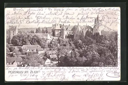 AK Zleby, Blick über die Stadt zum Schloss