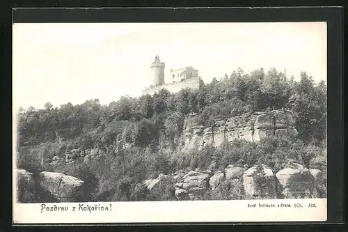 AK Kokorin, Blick zur Burgruine auf dem Felsen