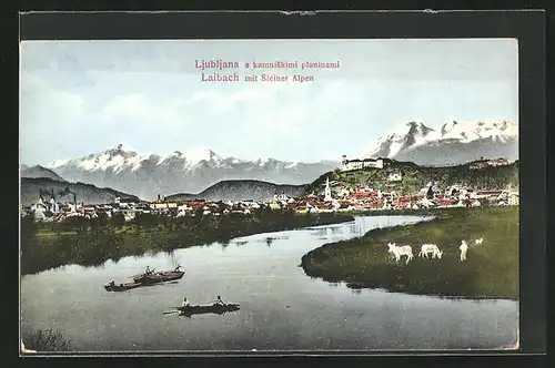 AK Ljubljana / Laibach, Stadtpanorama vom Flussufer aus, Blick auf die Steiner Alpen